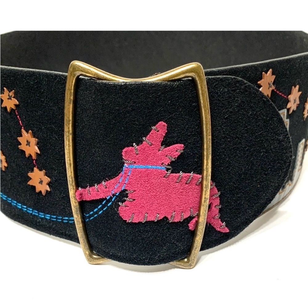 Anthropologie Black Leather & Suede Belt With Pink And Gold Accents
